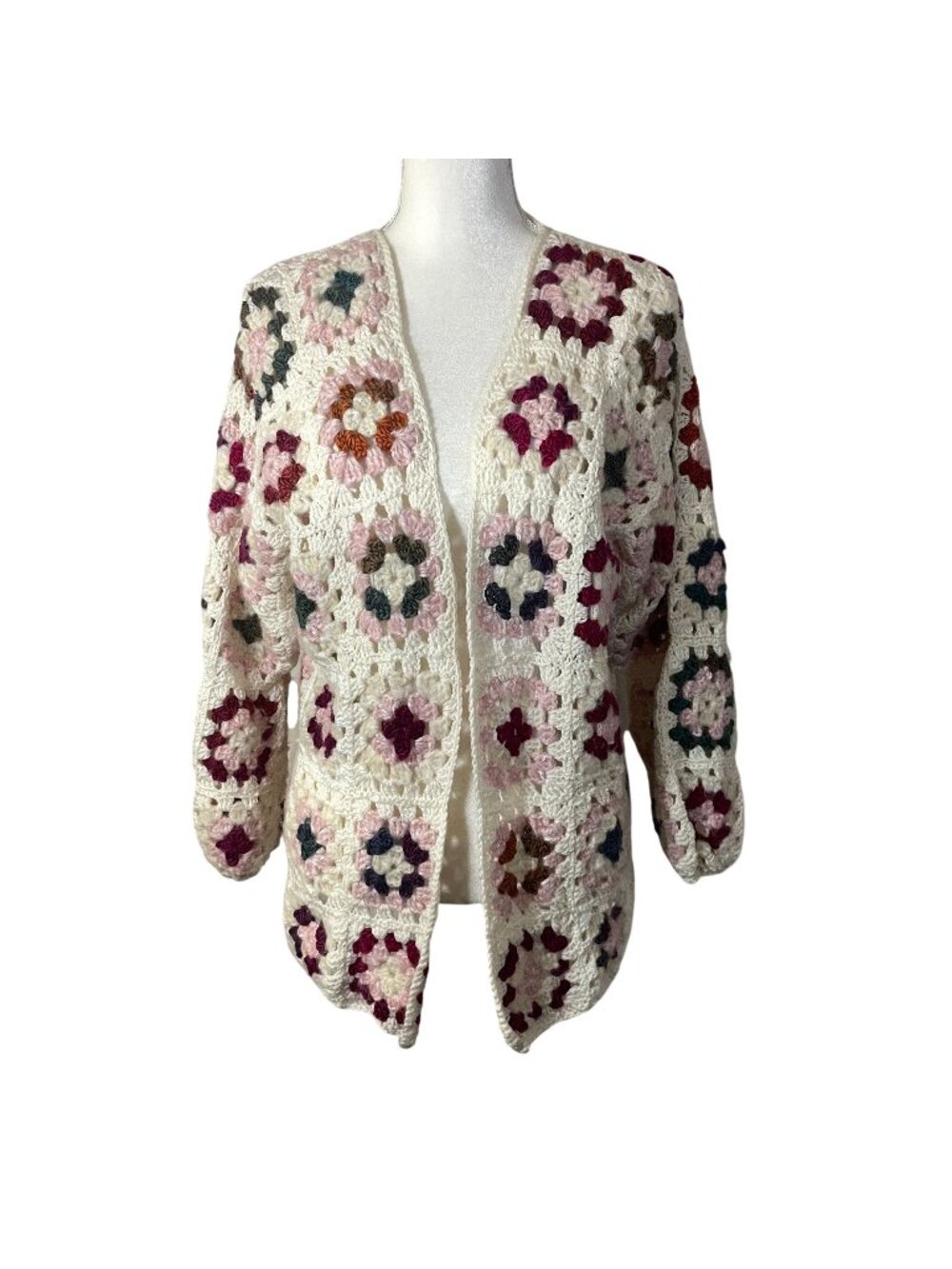 Vintage Handmade Granny Square Crochet Open Cardigan Sweater Women L?